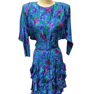 Vintage 1980s Gillian Silk Floral Cocktail Dress Ruffled Skirt w/ Belt Size 8